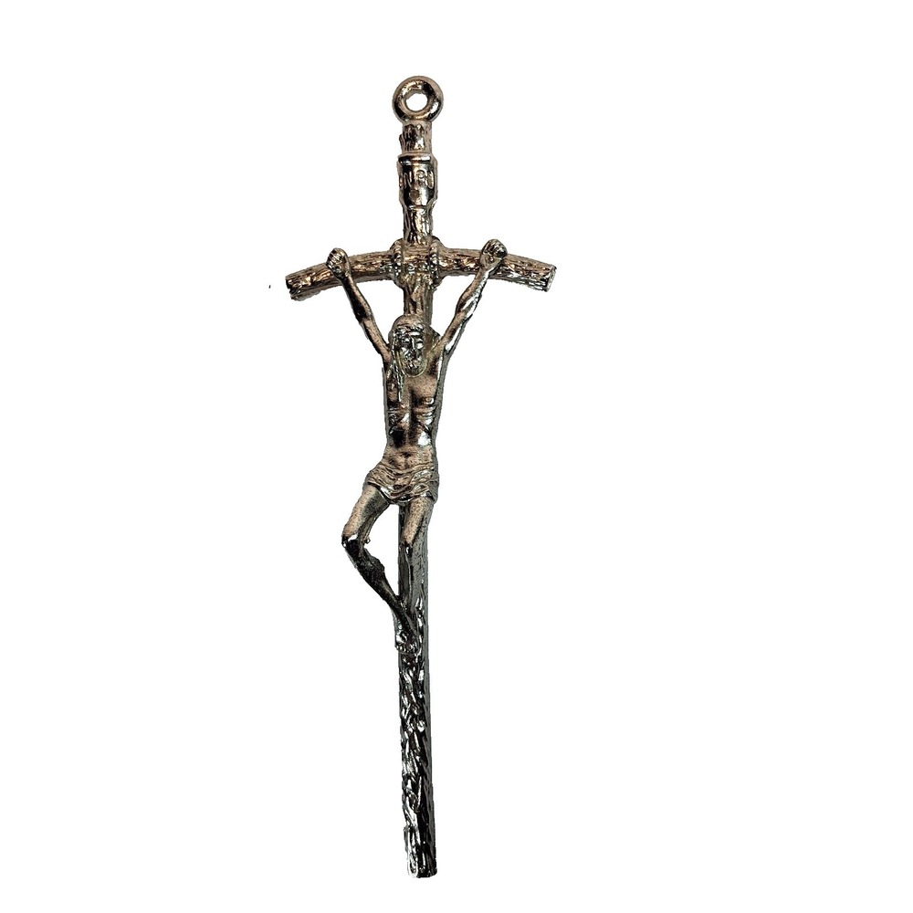Vintage Italy Papal Pectoral Cross Pendant Silver Tone Bent Crucifix INRI 5+"